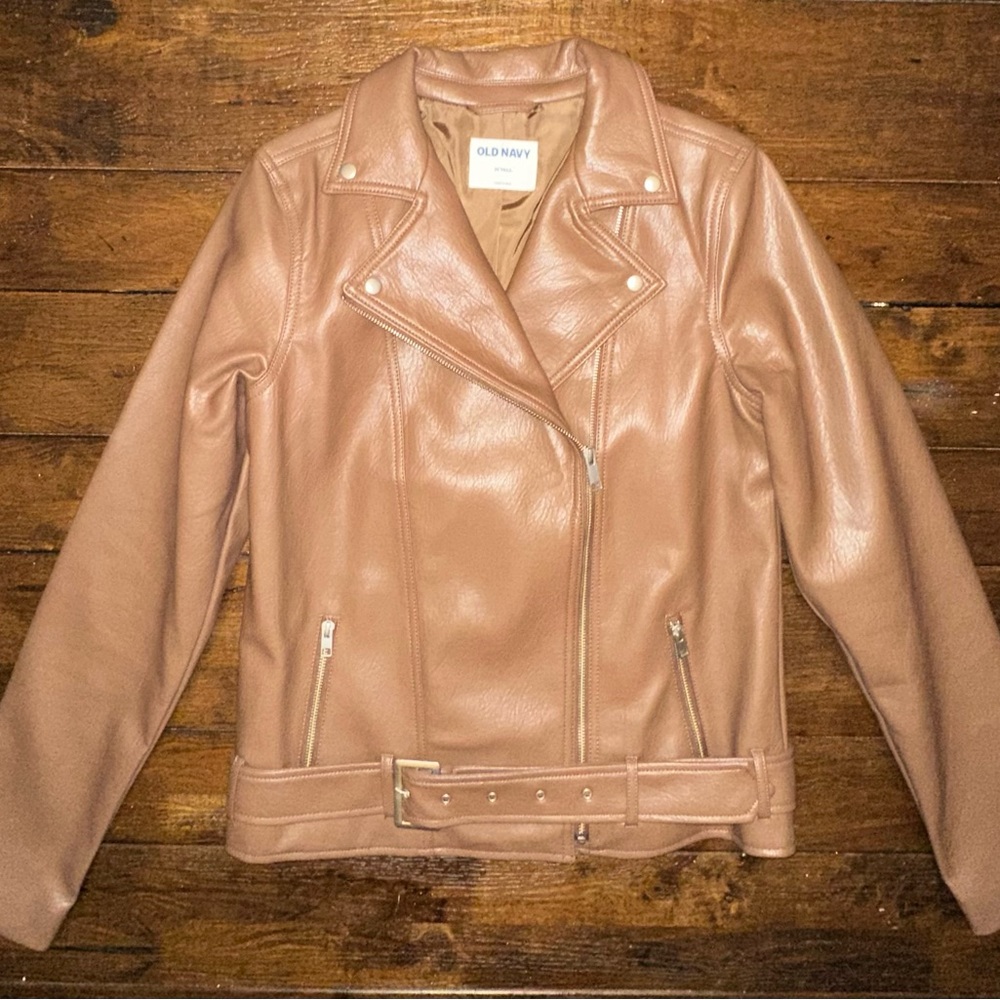 Brown Faux-Leather Belted Biker Jacket
